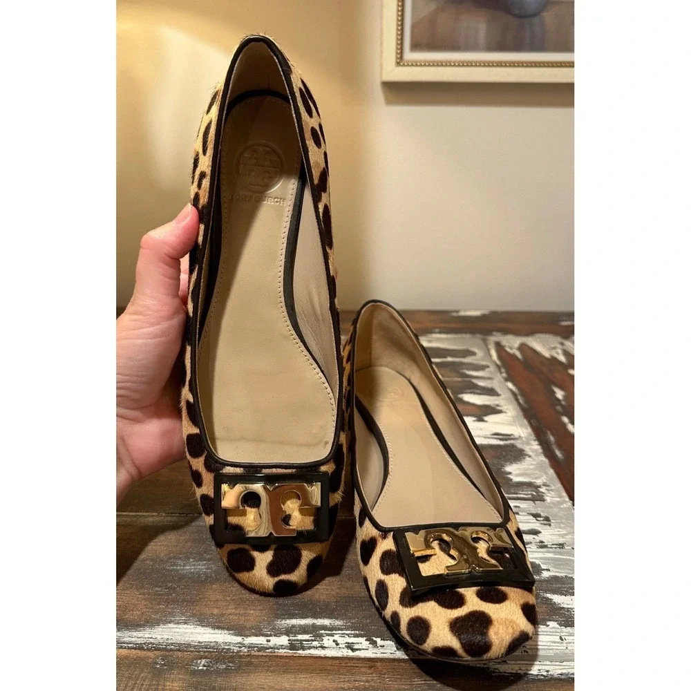 Tory Burch Gigi Leopard Print Calf Hair Ballet Flats Block Heel Size 7M